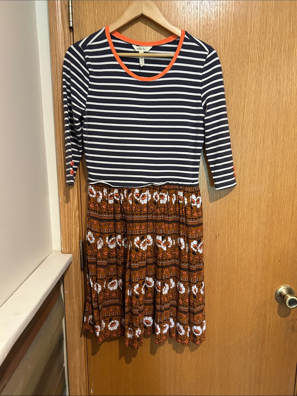 Matilda Jane Navy Striped Top with Orange Trim and Rust Floral Midi Skirt